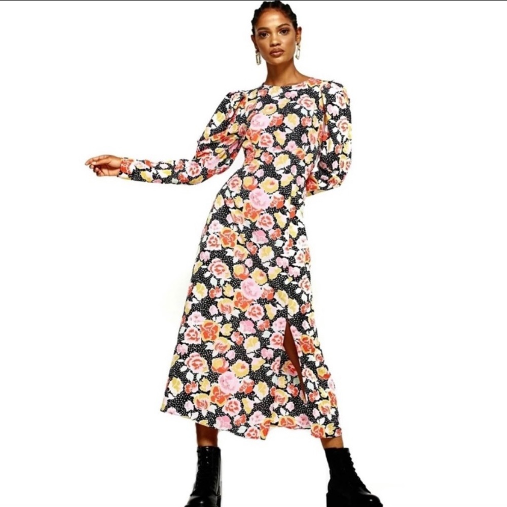 Topshop Pastel Dream Puff Sleeve Midi Dress Sz 14